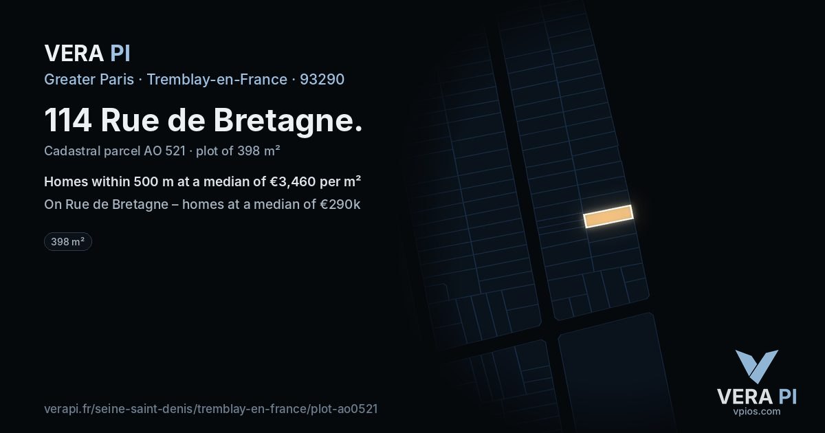 114 Rue de Bretagne, Tremblay-en-France at night – the plot lit, the parcels around coloured by the prices near them