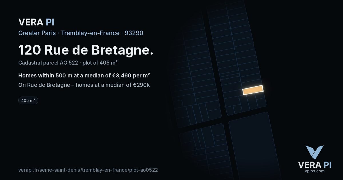 120 Rue de Bretagne, Tremblay-en-France at night – the plot lit, the parcels around coloured by the prices near them