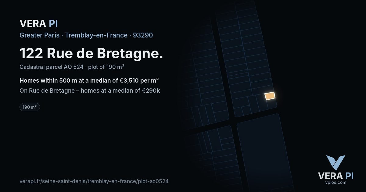 122 Rue de Bretagne, Tremblay-en-France at night – the plot lit, the parcels around coloured by the prices near them