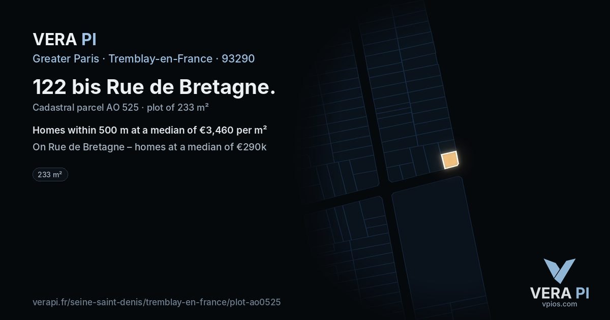 122 bis Rue de Bretagne, Tremblay-en-France at night – the plot lit, the parcels around coloured by the prices near them