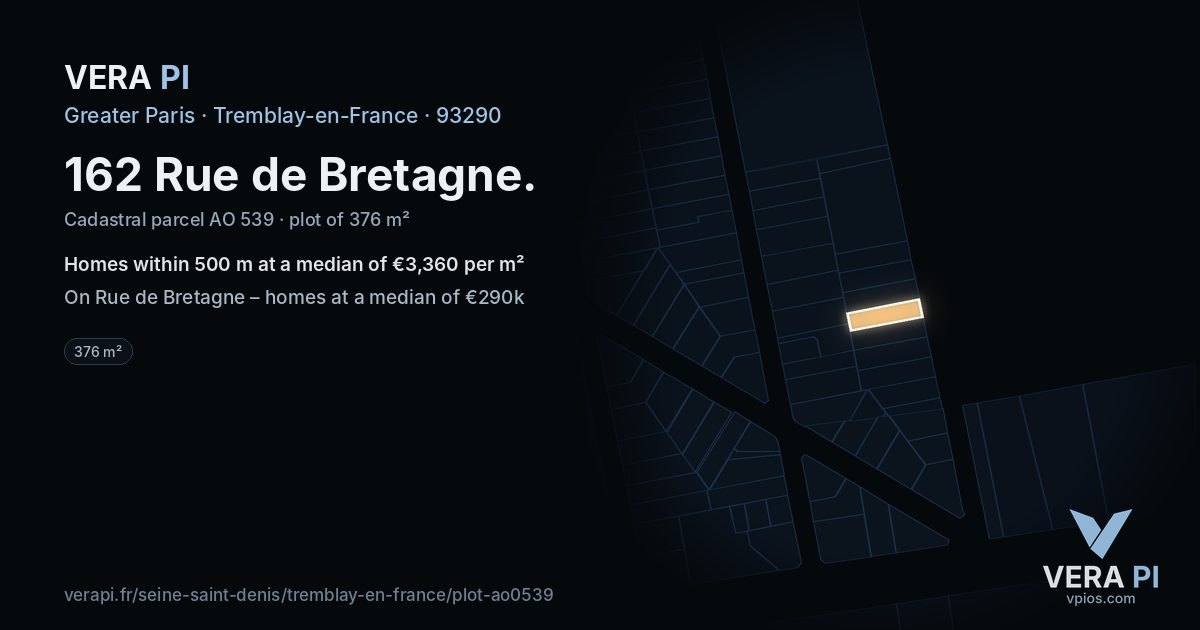 162 Rue de Bretagne, Tremblay-en-France at night – the plot lit, the parcels around coloured by the prices near them