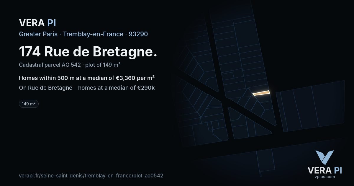 174 Rue de Bretagne, Tremblay-en-France at night – the plot lit, the parcels around coloured by the prices near them