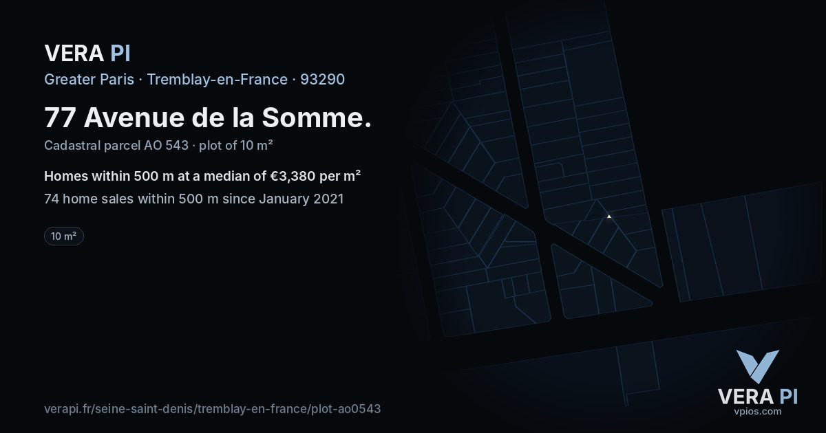 77 Avenue de la Somme, Tremblay-en-France at night – the plot lit, the parcels around coloured by the prices near them