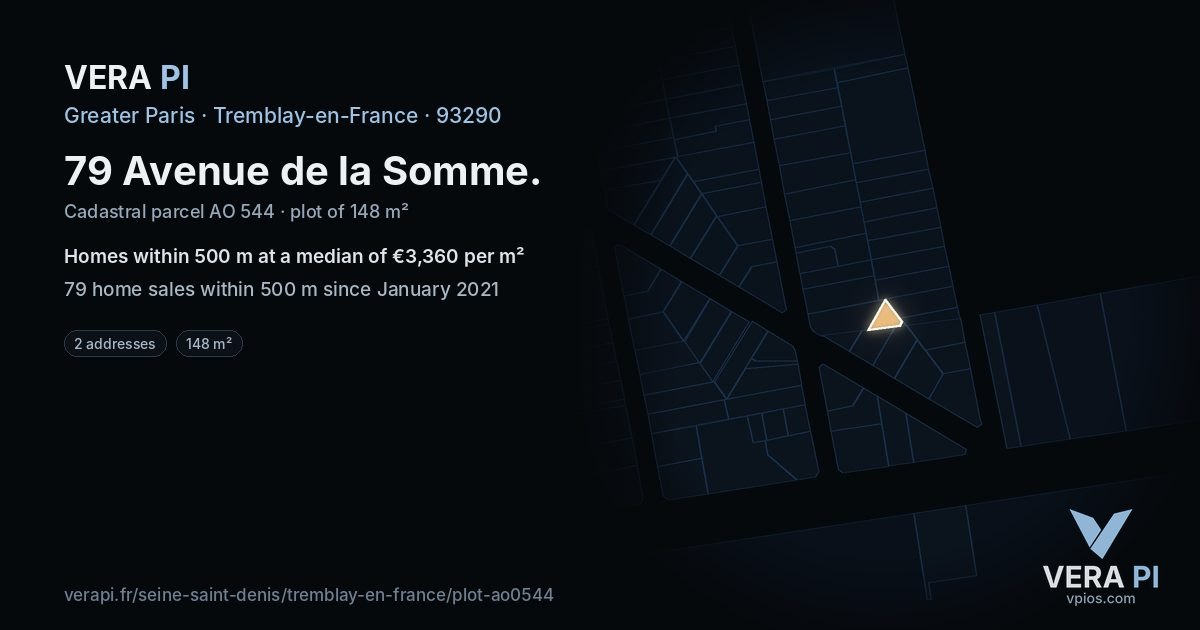 79 Avenue de la Somme, Tremblay-en-France at night – the plot lit, the parcels around coloured by the prices near them