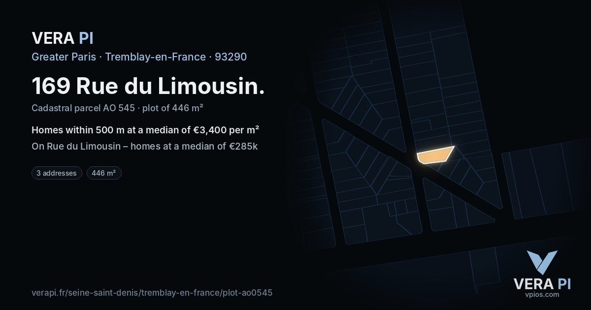 169 Rue du Limousin, Tremblay-en-France at night – the plot lit, the parcels around coloured by the prices near them