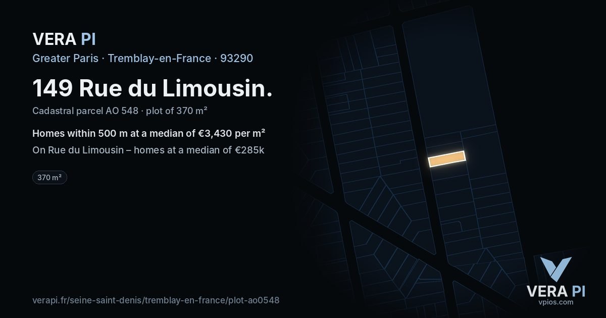 149 Rue du Limousin, Tremblay-en-France at night – the plot lit, the parcels around coloured by the prices near them