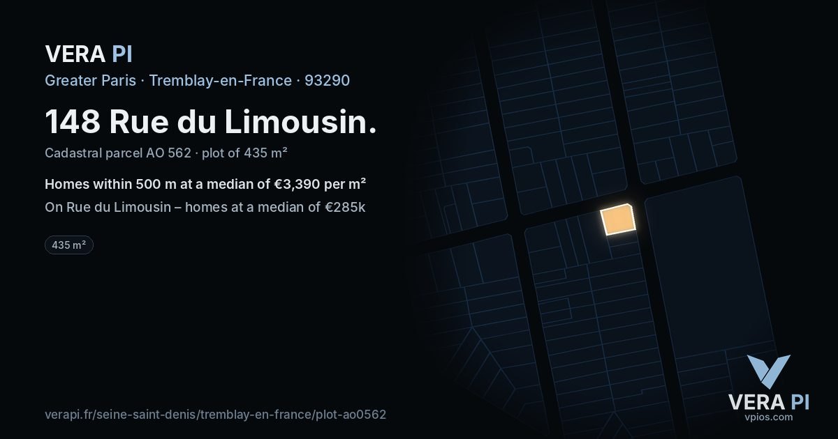 148 Rue du Limousin, Tremblay-en-France at night – the plot lit, the parcels around coloured by the prices near them