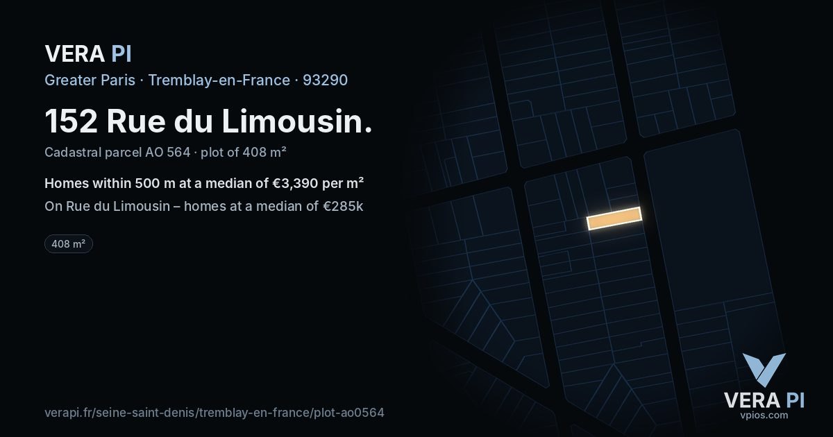 152 Rue du Limousin, Tremblay-en-France at night – the plot lit, the parcels around coloured by the prices near them