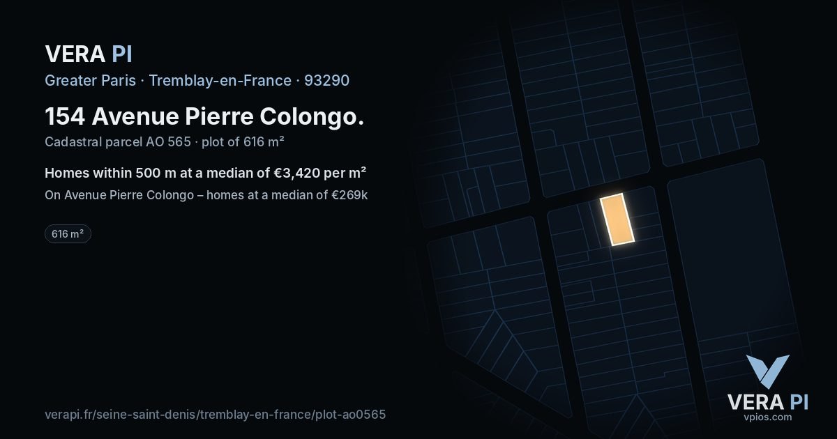 154 Avenue Pierre Colongo, Tremblay-en-France at night – the plot lit, the parcels around coloured by the prices near them
