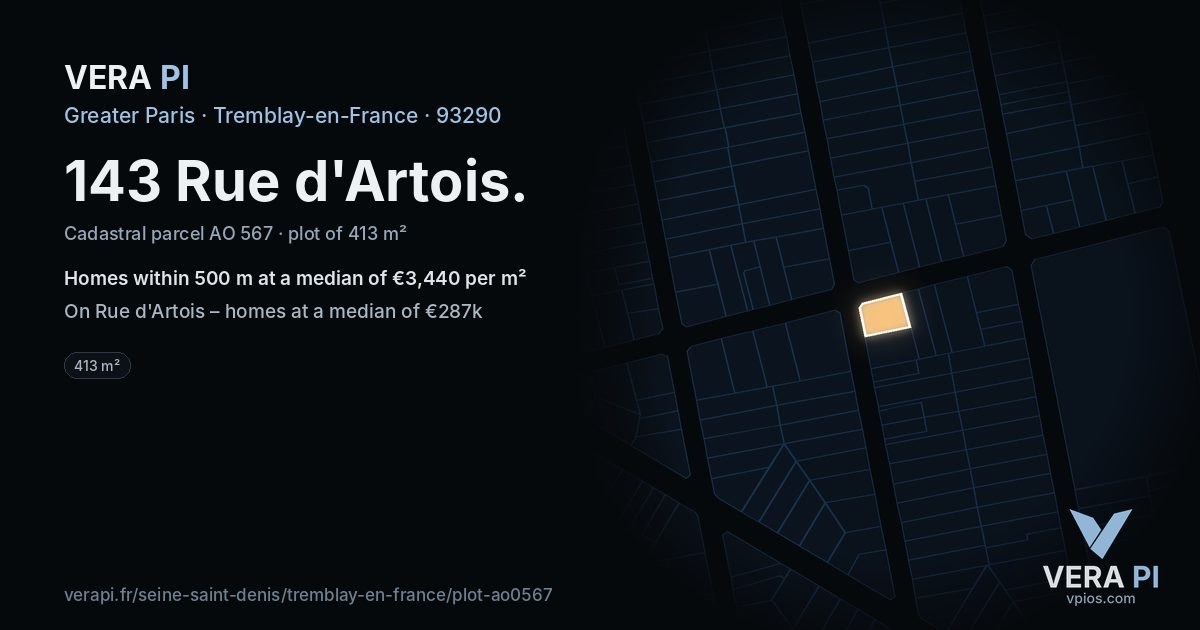 143 Rue d'Artois, Tremblay-en-France at night – the plot lit, the parcels around coloured by the prices near them
