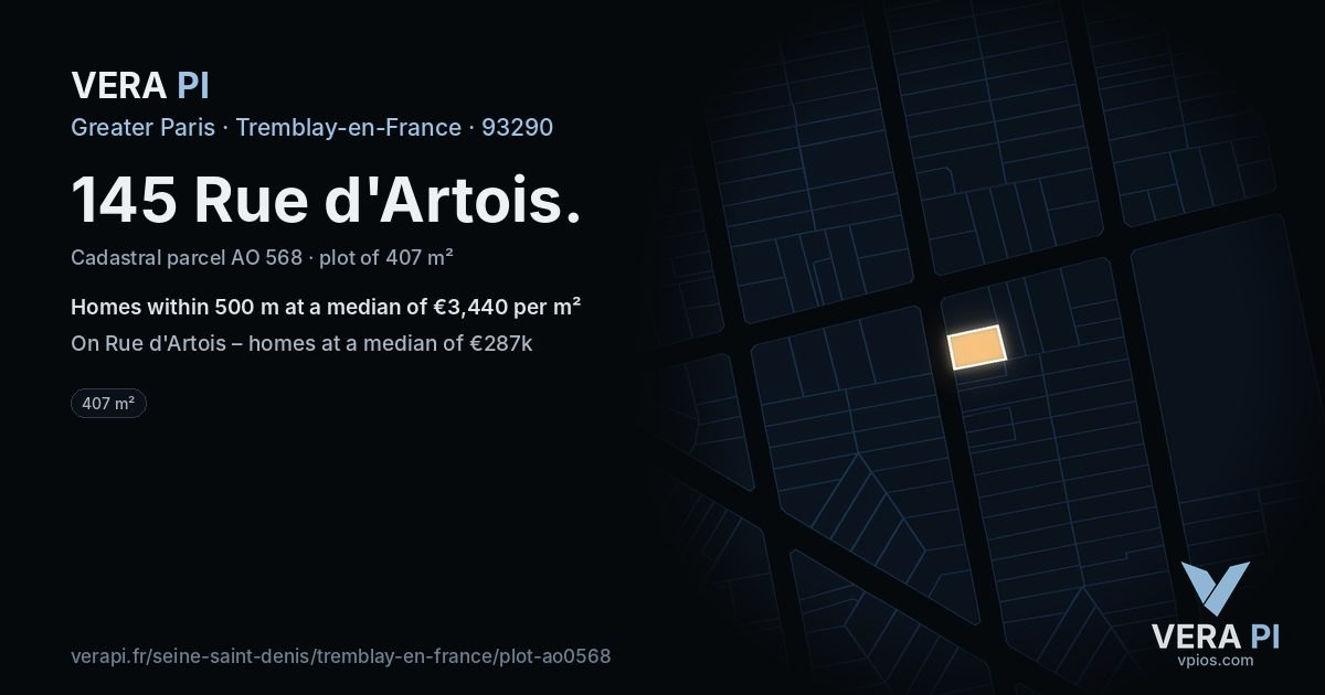 145 Rue d'Artois, Tremblay-en-France at night – the plot lit, the parcels around coloured by the prices near them