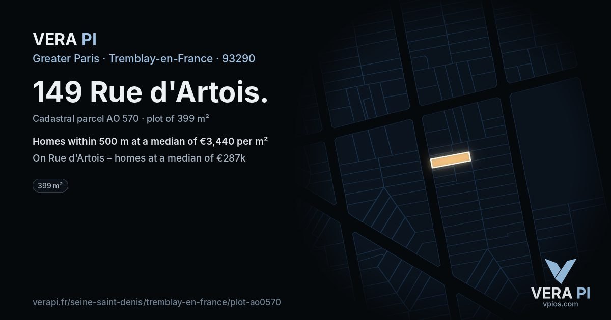 149 Rue d'Artois, Tremblay-en-France at night – the plot lit, the parcels around coloured by the prices near them
