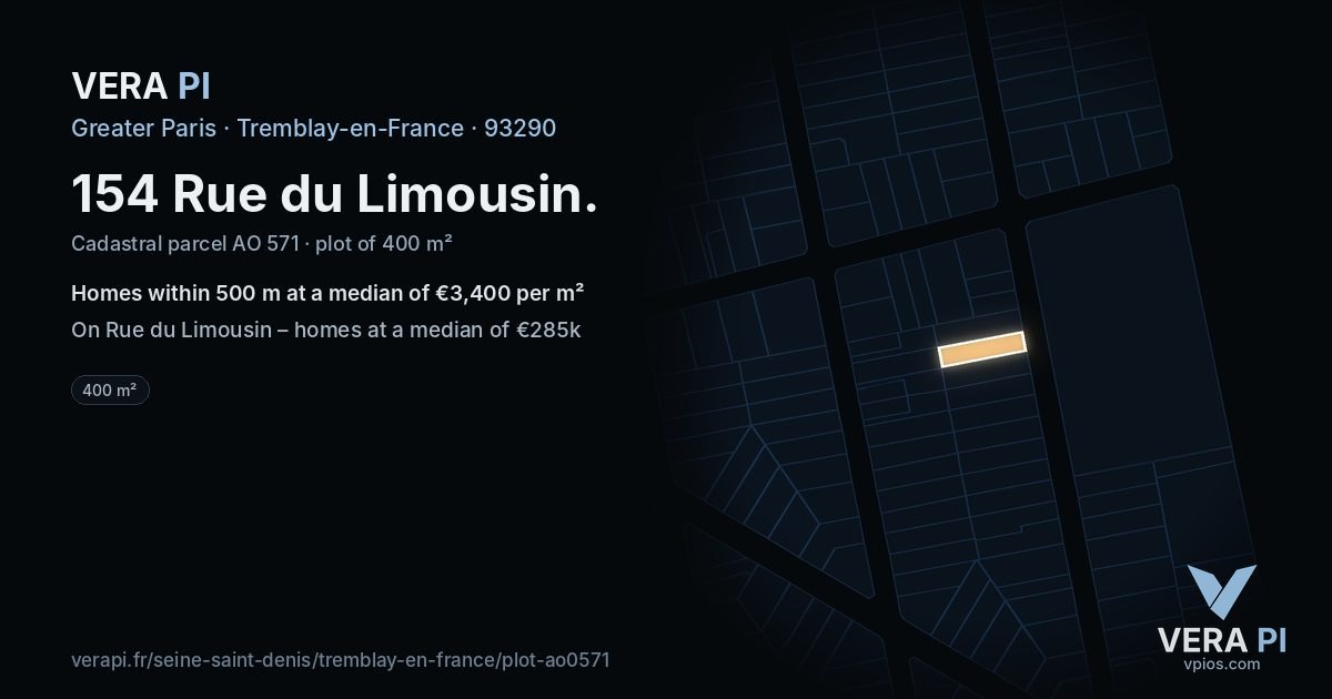 154 Rue du Limousin, Tremblay-en-France at night – the plot lit, the parcels around coloured by the prices near them