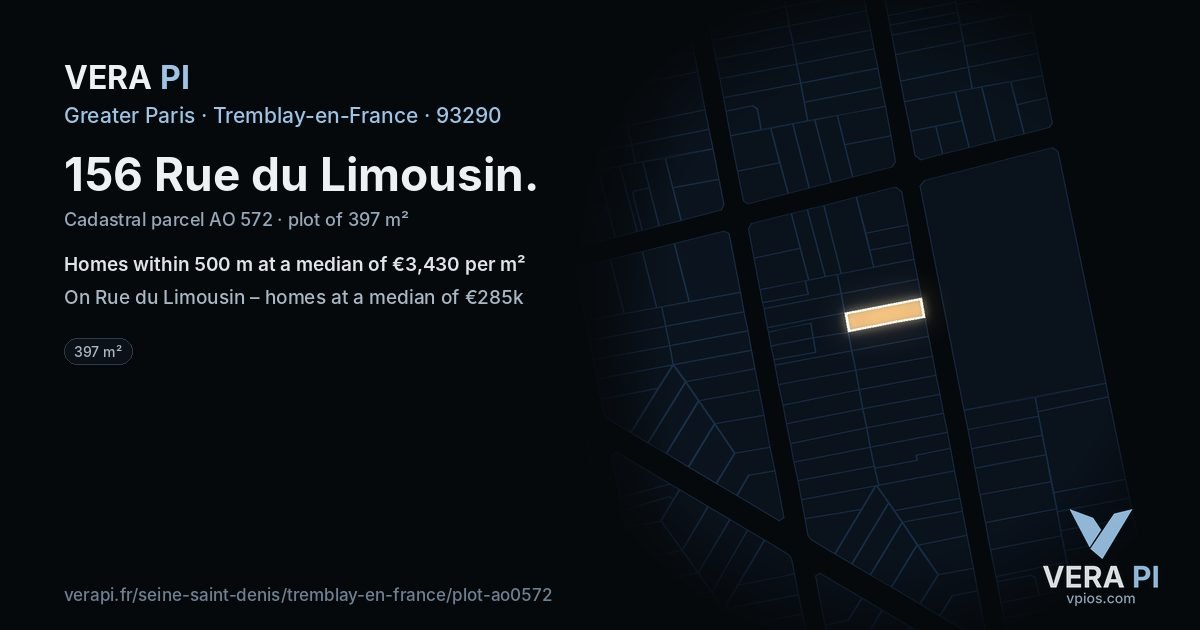 156 Rue du Limousin, Tremblay-en-France at night – the plot lit, the parcels around coloured by the prices near them