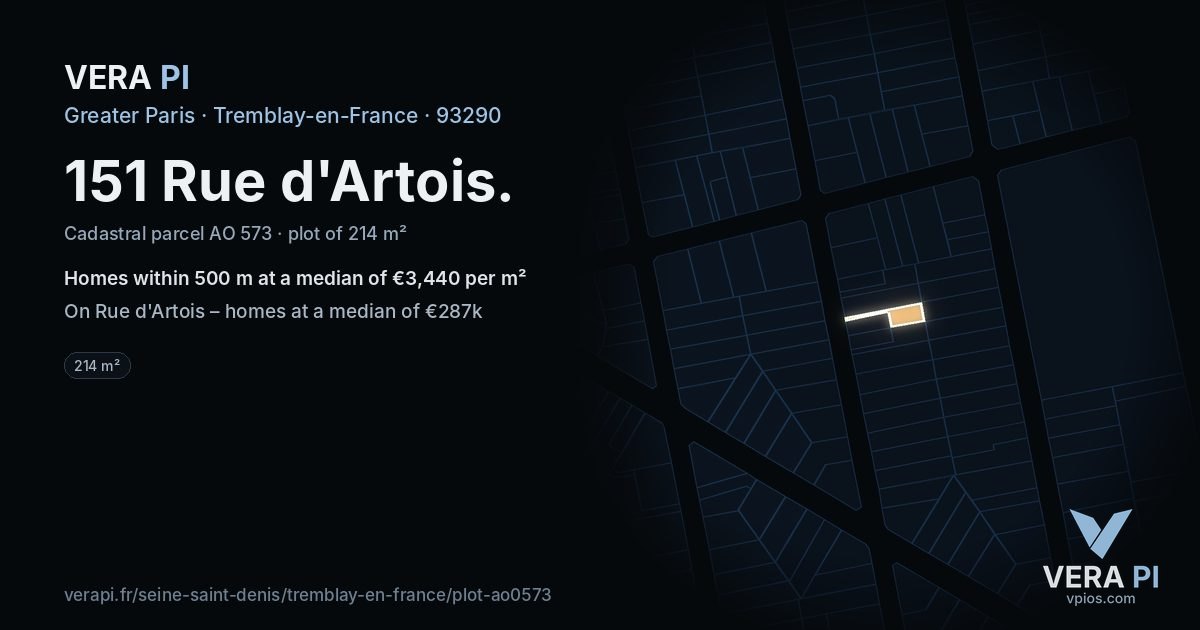 151 Rue d'Artois, Tremblay-en-France at night – the plot lit, the parcels around coloured by the prices near them