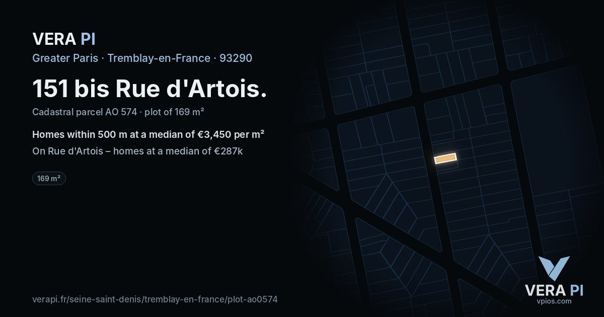 151 bis Rue d'Artois, Tremblay-en-France at night – the plot lit, the parcels around coloured by the prices near them