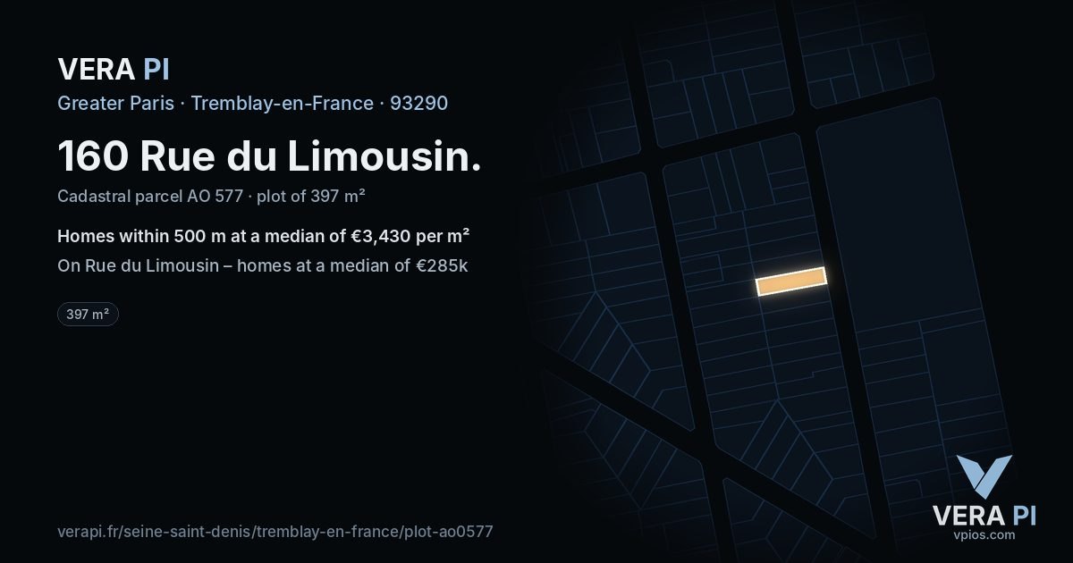 160 Rue du Limousin, Tremblay-en-France at night – the plot lit, the parcels around coloured by the prices near them