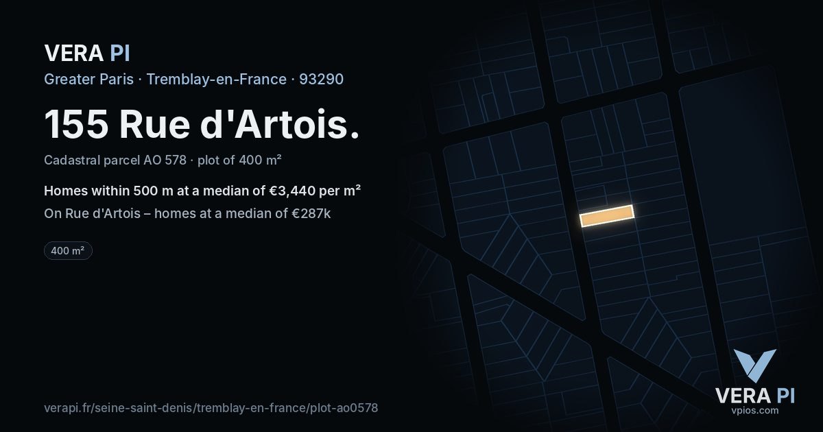 155 Rue d'Artois, Tremblay-en-France at night – the plot lit, the parcels around coloured by the prices near them