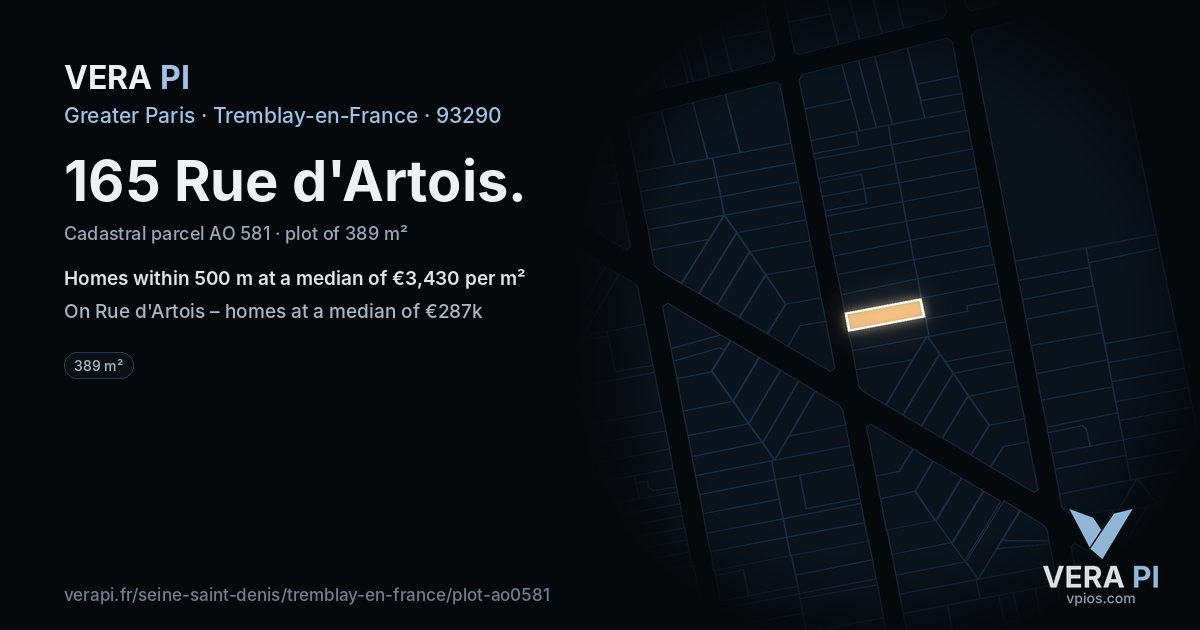 165 Rue d'Artois, Tremblay-en-France at night – the plot lit, the parcels around coloured by the prices near them
