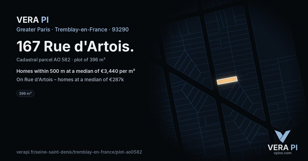 167 Rue d'Artois, Tremblay-en-France at night – the plot lit, the parcels around coloured by the prices near them
