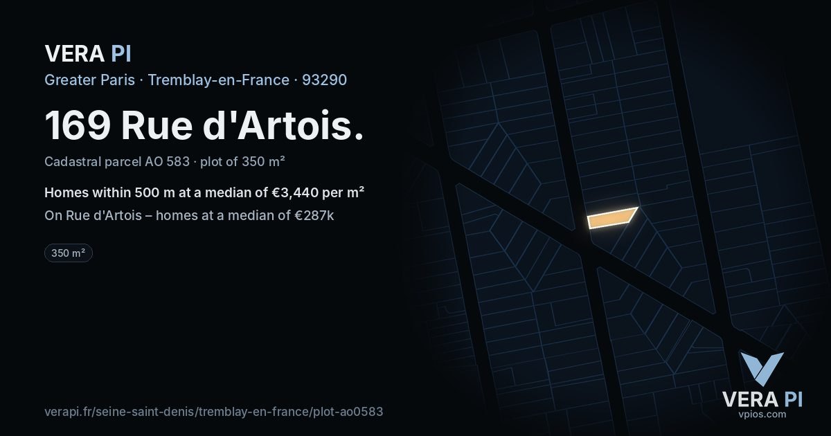 169 Rue d'Artois, Tremblay-en-France at night – the plot lit, the parcels around coloured by the prices near them