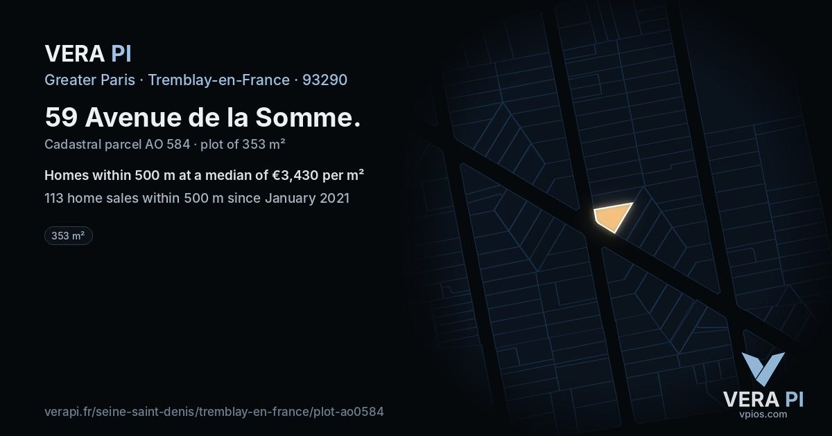 59 Avenue de la Somme, Tremblay-en-France at night – the plot lit, the parcels around coloured by the prices near them