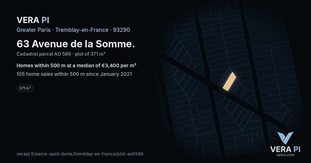 63 Avenue de la Somme, Tremblay-en-France at night – the plot lit, the parcels around coloured by the prices near them