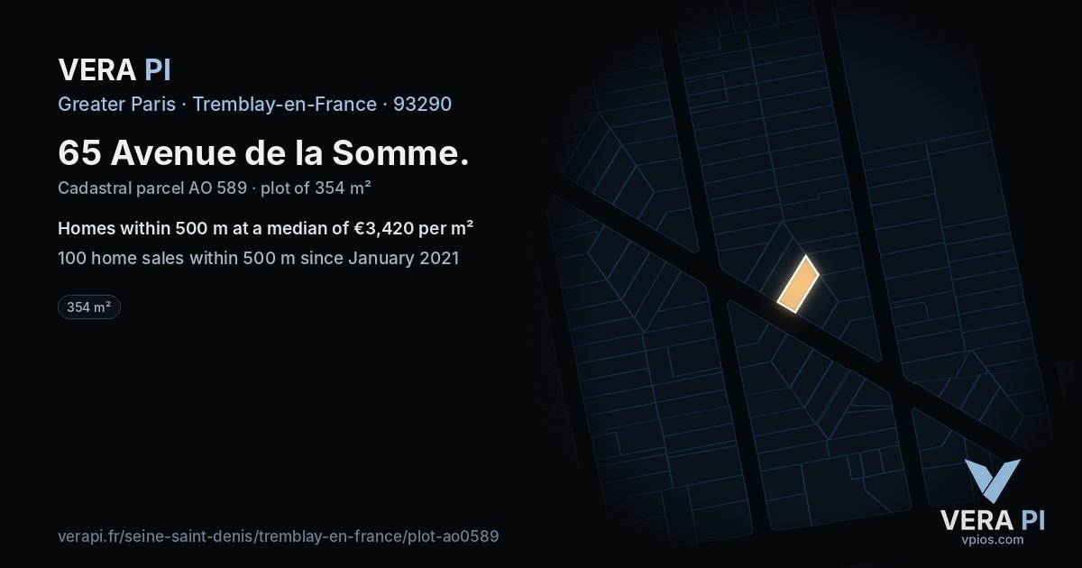 65 Avenue de la Somme, Tremblay-en-France at night – the plot lit, the parcels around coloured by the prices near them
