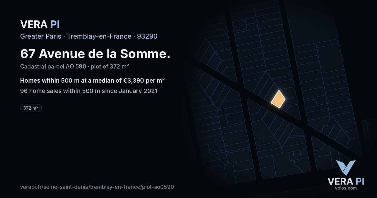 67 Avenue de la Somme, Tremblay-en-France at night – the plot lit, the parcels around coloured by the prices near them