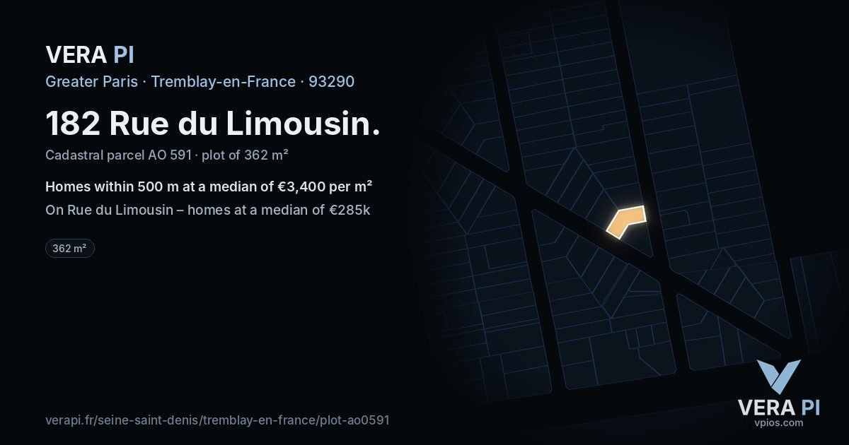 182 Rue du Limousin, Tremblay-en-France at night – the plot lit, the parcels around coloured by the prices near them