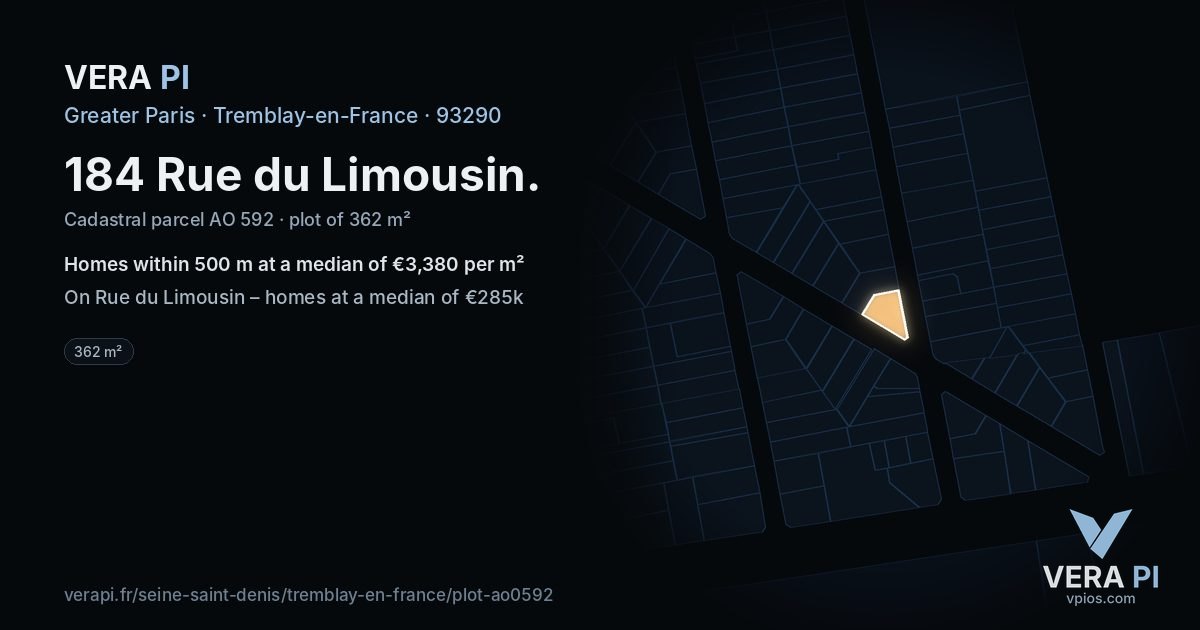 184 Rue du Limousin, Tremblay-en-France at night – the plot lit, the parcels around coloured by the prices near them