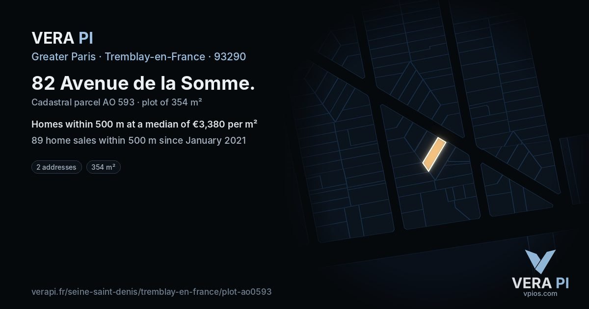 82 Avenue de la Somme, Tremblay-en-France at night – the plot lit, the parcels around coloured by the prices near them