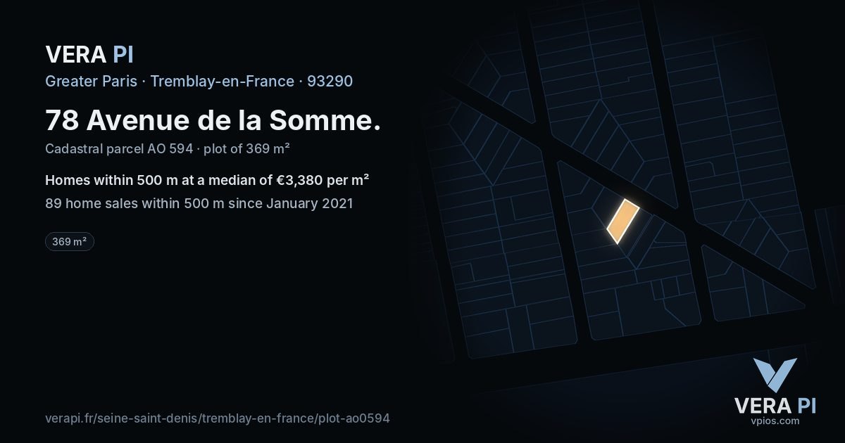 78 Avenue de la Somme, Tremblay-en-France at night – the plot lit, the parcels around coloured by the prices near them