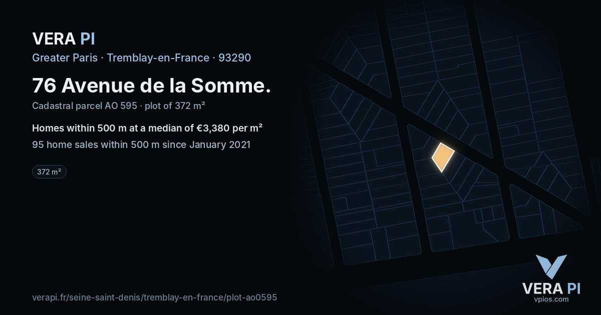 76 Avenue de la Somme, Tremblay-en-France at night – the plot lit, the parcels around coloured by the prices near them