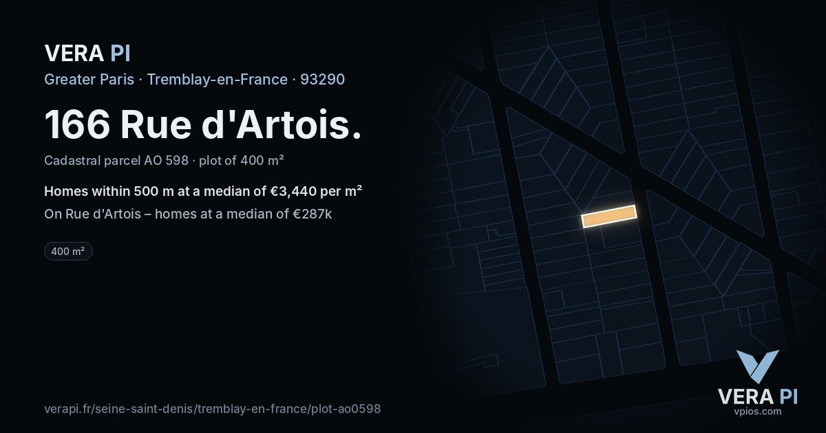 166 Rue d'Artois, Tremblay-en-France at night – the plot lit, the parcels around coloured by the prices near them