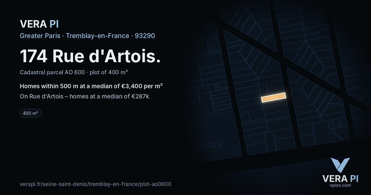 174 Rue d'Artois, Tremblay-en-France at night – the plot lit, the parcels around coloured by the prices near them