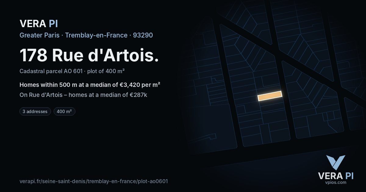 178 Rue d'Artois, Tremblay-en-France at night – the plot lit, the parcels around coloured by the prices near them