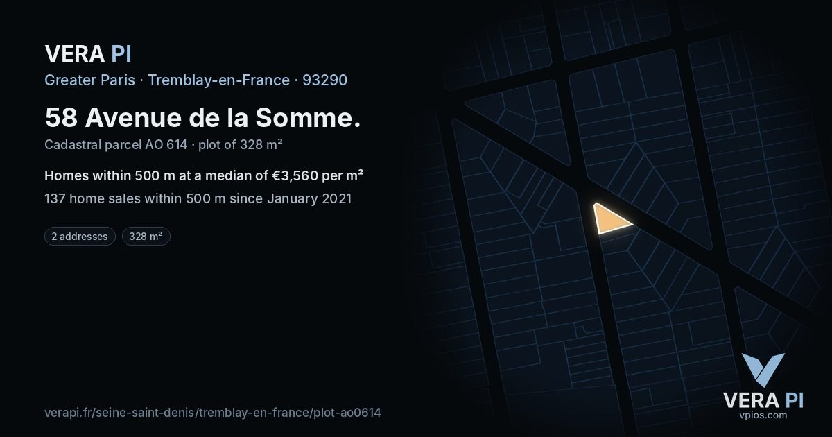 58 Avenue de la Somme, Tremblay-en-France at night – the plot lit, the parcels around coloured by the prices near them