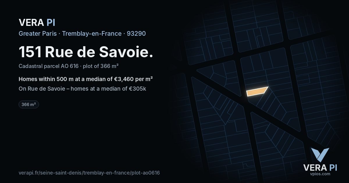 151 Rue de Savoie, Tremblay-en-France at night – the plot lit, the parcels around coloured by the prices near them