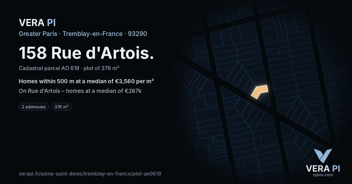 158 Rue d'Artois, Tremblay-en-France at night – the plot lit, the parcels around coloured by the prices near them