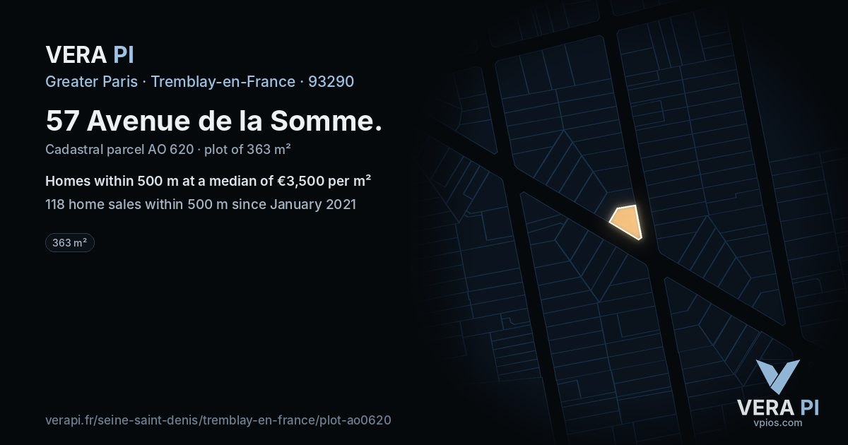 57 Avenue de la Somme, Tremblay-en-France at night – the plot lit, the parcels around coloured by the prices near them