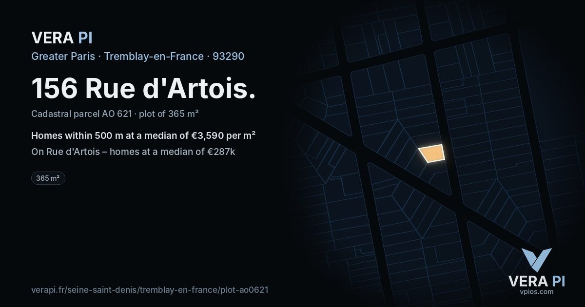 156 Rue d'Artois, Tremblay-en-France at night – the plot lit, the parcels around coloured by the prices near them