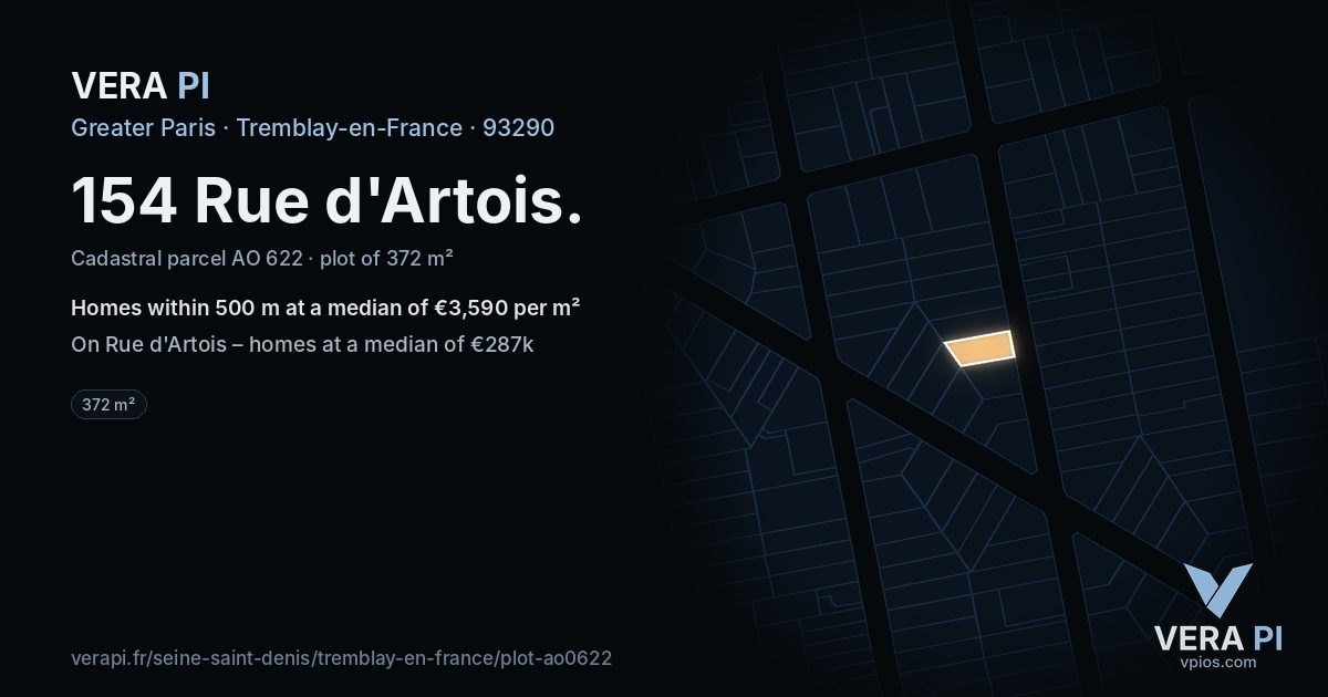 154 Rue d'Artois, Tremblay-en-France at night – the plot lit, the parcels around coloured by the prices near them