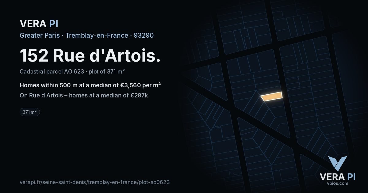 152 Rue d'Artois, Tremblay-en-France at night – the plot lit, the parcels around coloured by the prices near them