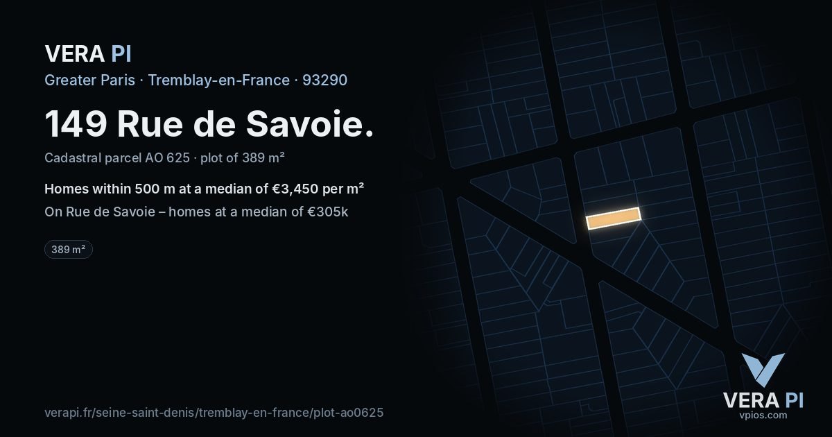 149 Rue de Savoie, Tremblay-en-France at night – the plot lit, the parcels around coloured by the prices near them
