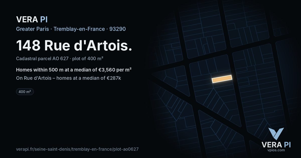 148 Rue d'Artois, Tremblay-en-France at night – the plot lit, the parcels around coloured by the prices near them