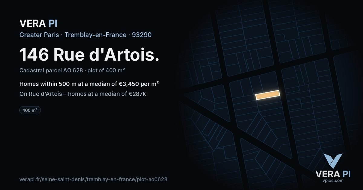 146 Rue d'Artois, Tremblay-en-France at night – the plot lit, the parcels around coloured by the prices near them