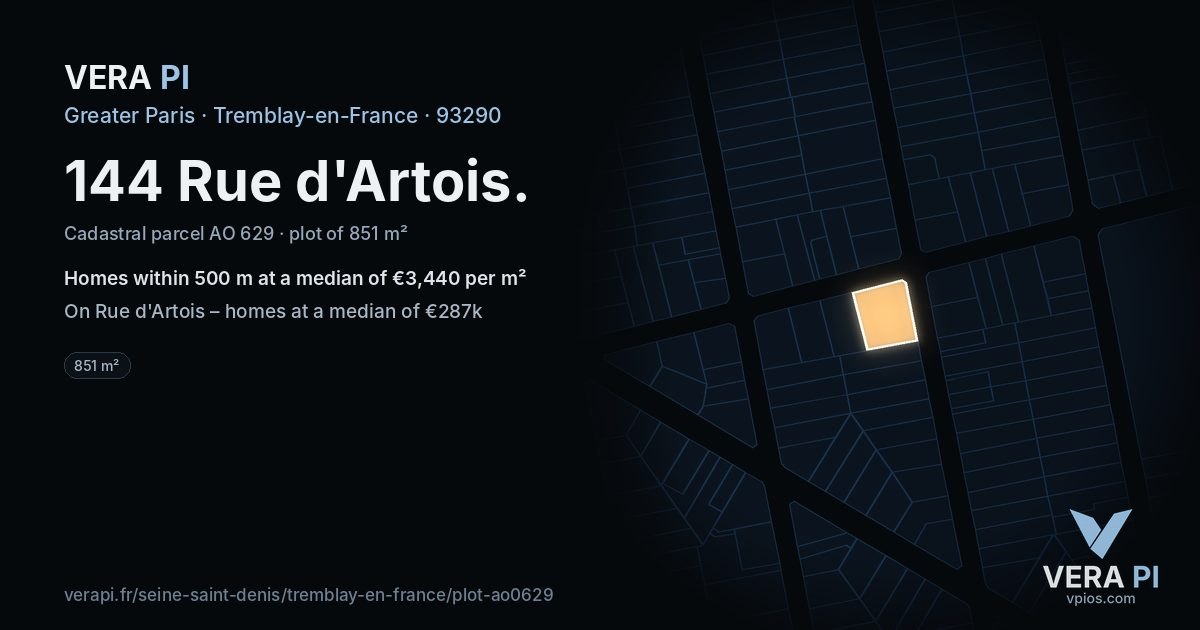 144 Rue d'Artois, Tremblay-en-France at night – the plot lit, the parcels around coloured by the prices near them