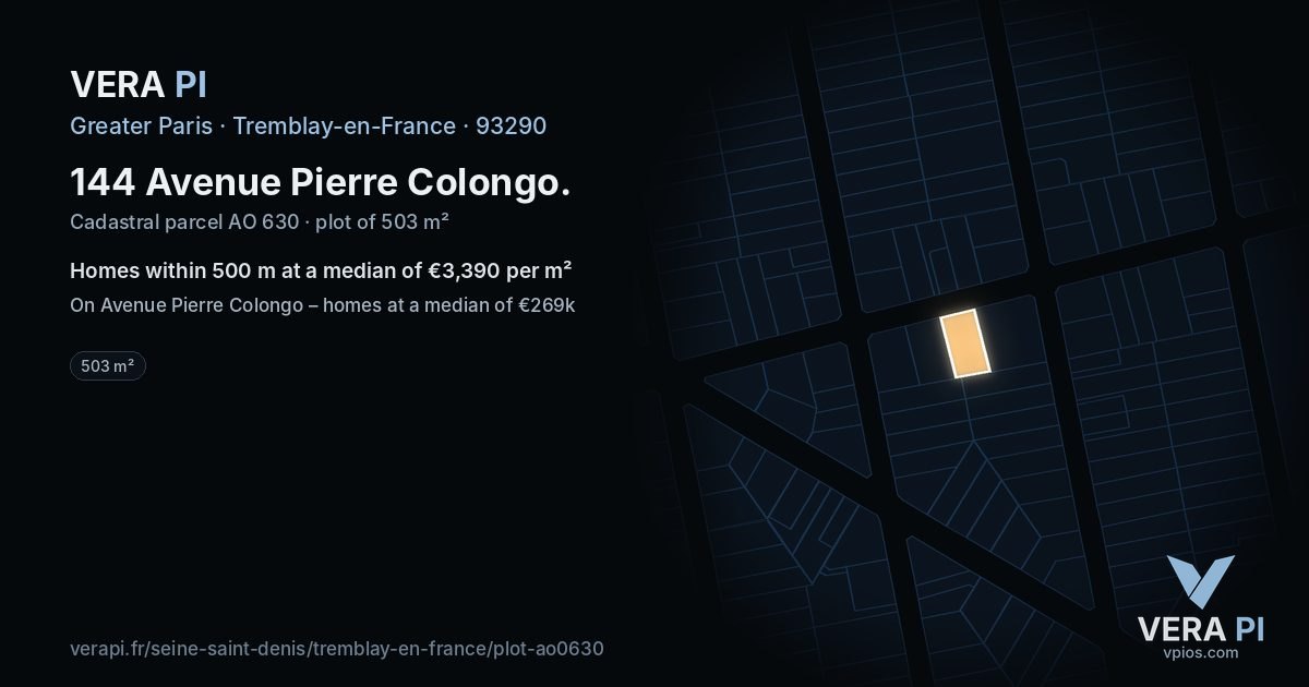 144 Avenue Pierre Colongo, Tremblay-en-France at night – the plot lit, the parcels around coloured by the prices near them