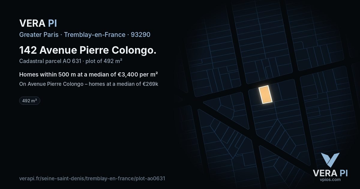 142 Avenue Pierre Colongo, Tremblay-en-France at night – the plot lit, the parcels around coloured by the prices near them